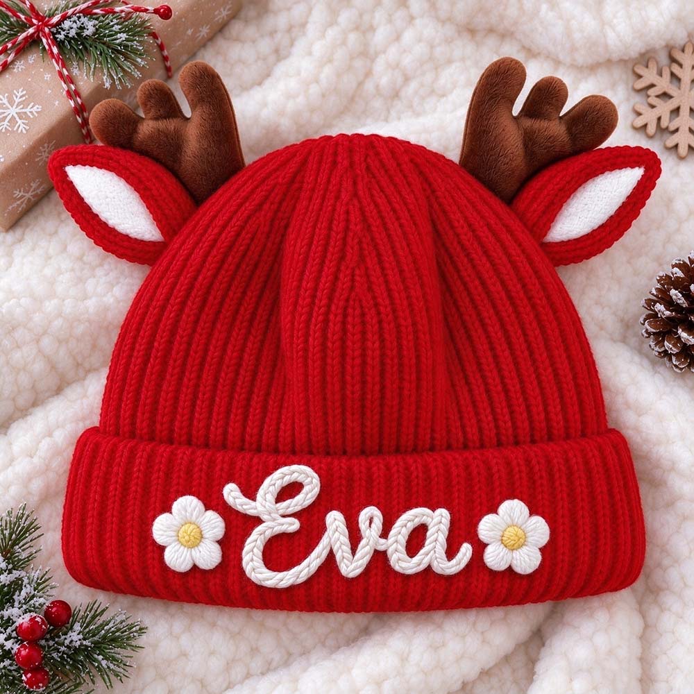 Personalized Hand Embroidery Christmas Reindeer Beanie For Toddler Kids | MCGift430