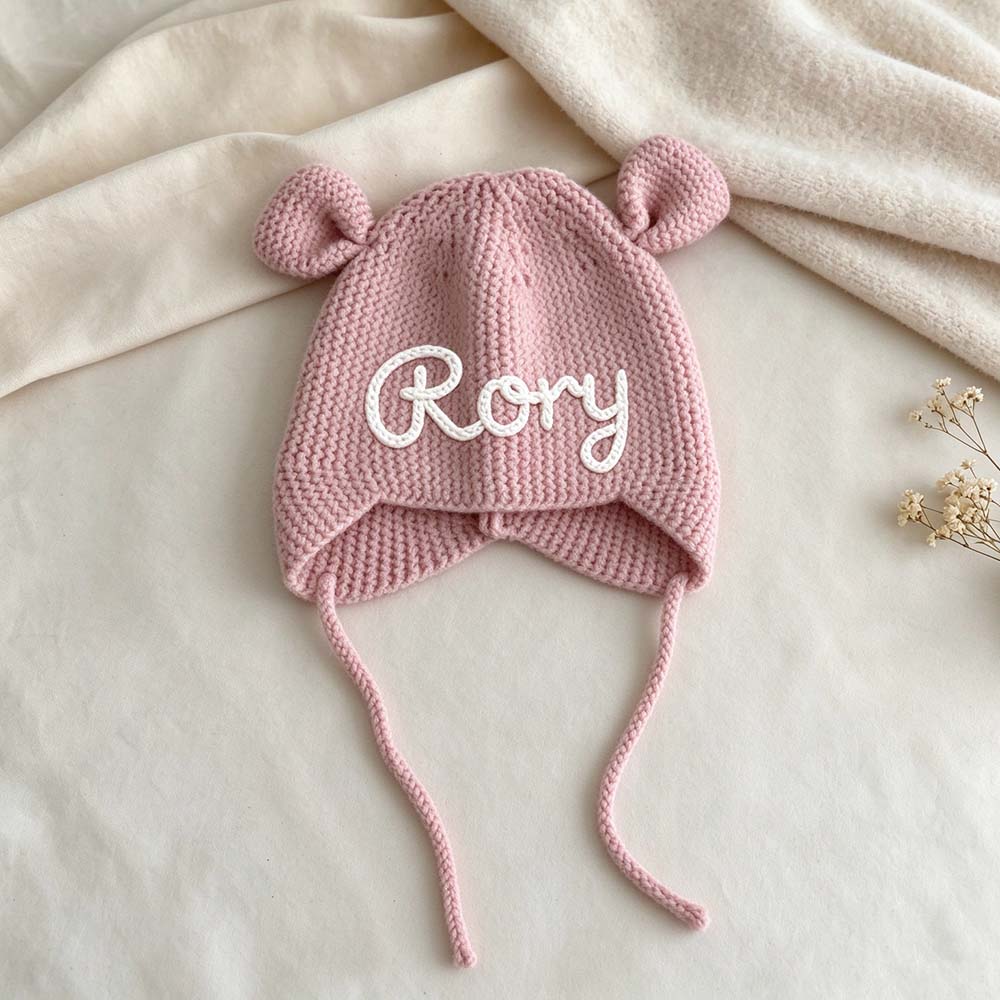 Personalized Hand Embroidered Bear Ears Baby Knit Beanie Hat | CWBaby563