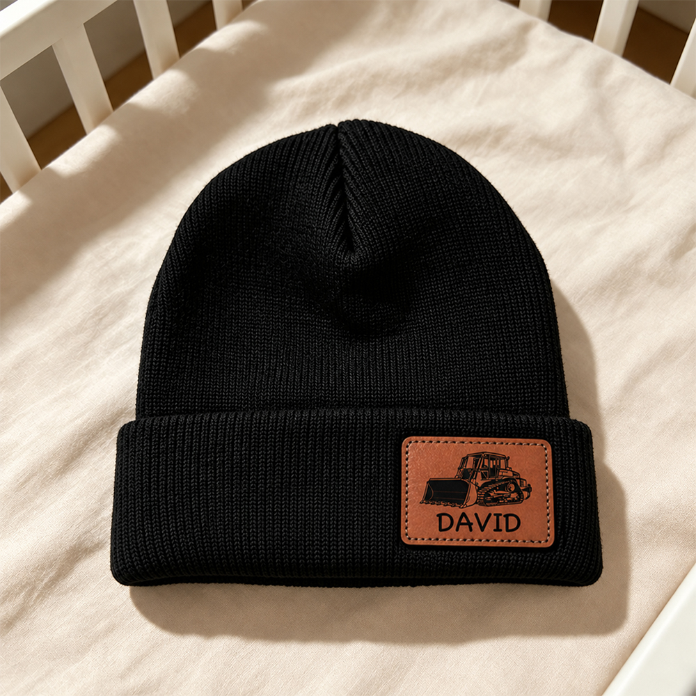 Personalized Kids Dinosaur & Excavator Leather Patch Beanie Hat | HSKid100