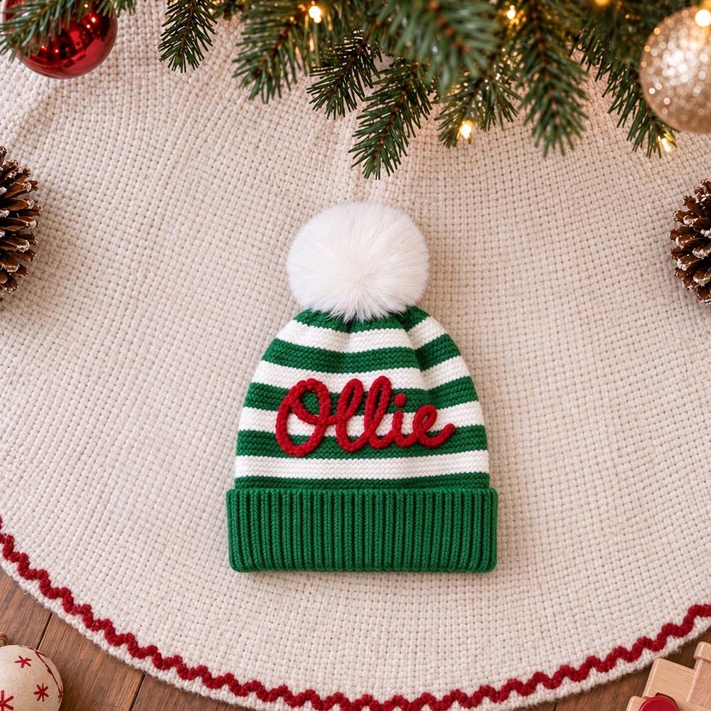 Personalized Hand Embroidery Kids Stripe Pom Pom Beanie Hat | MCGift441