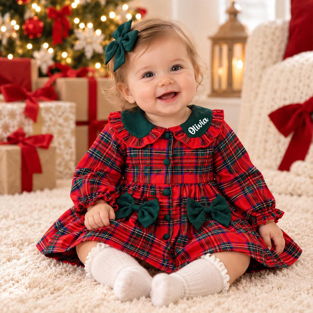 Personalized Baby Girl Christmas Plaid Dress Set | MCGift445