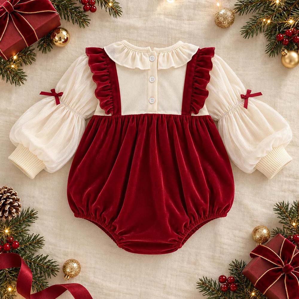 Personalized Embroidered Baby Burgundy Velvet Christmas Romper | CWBaby565