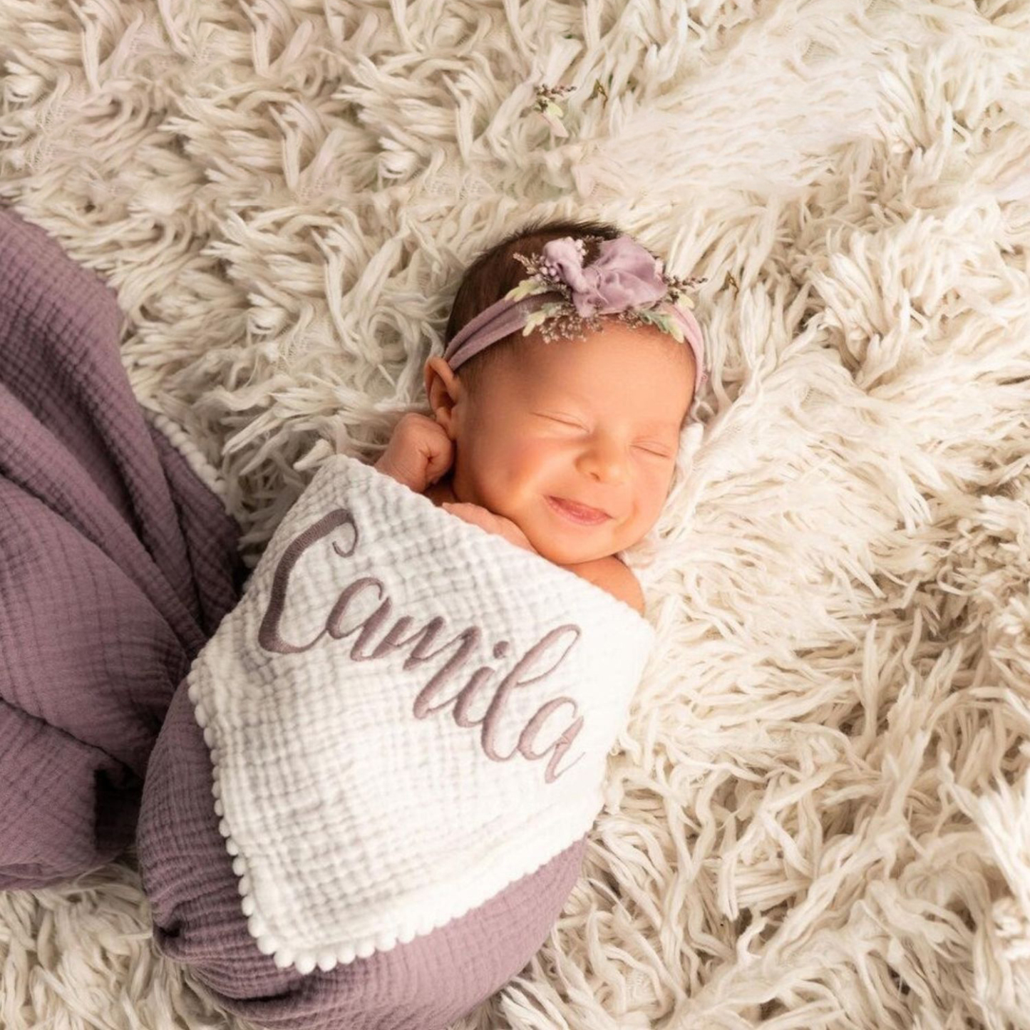 Personalized Embroidered Swaddle Muslin Pom Pom Blanket | CWBaby46