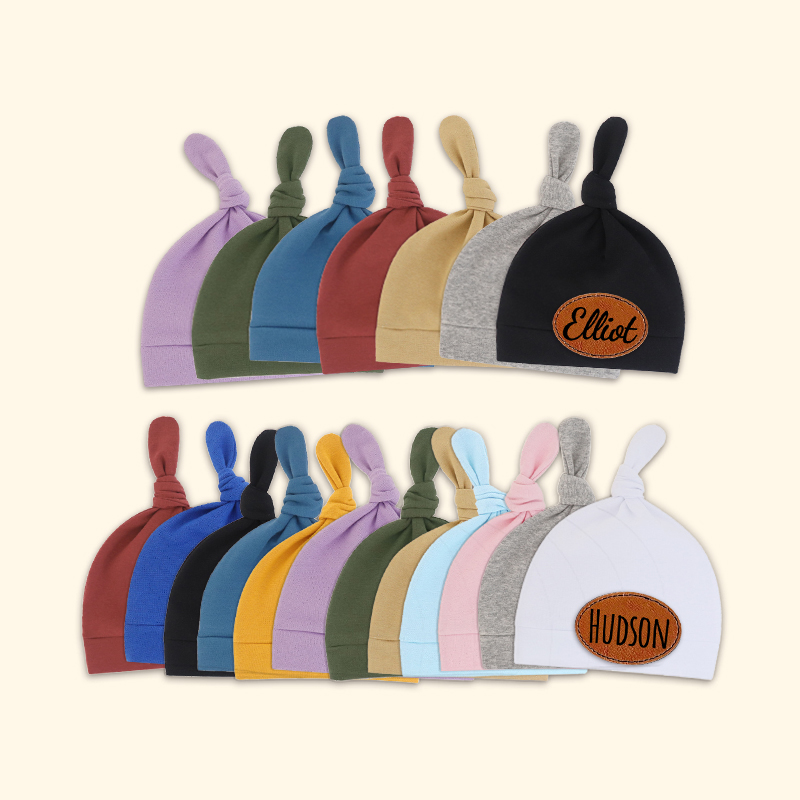 Personalized Newborn Baby Leather Patch Knot Hat | CWBaby76