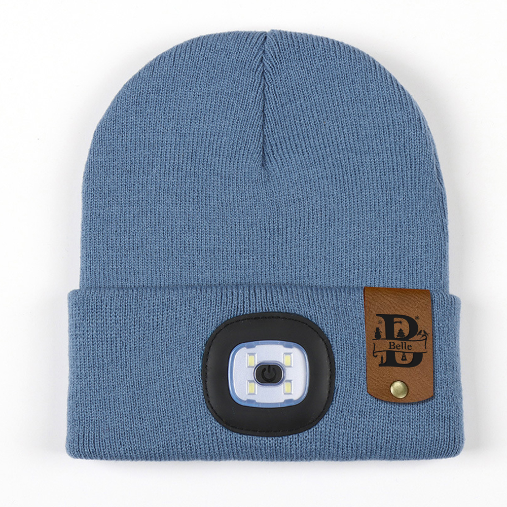 Personalized Kids Leather Tag Beanie with Headlamp | HSKid32