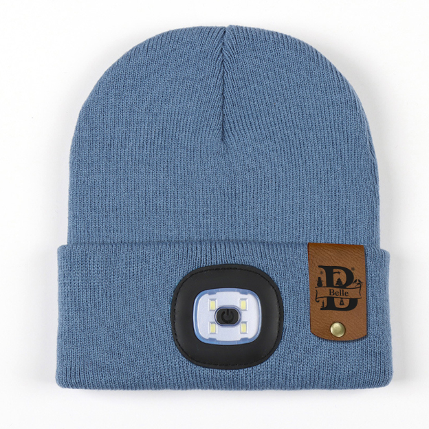 Personalized Kids Leather Tag Beanie with Headlamp | HSKid32
