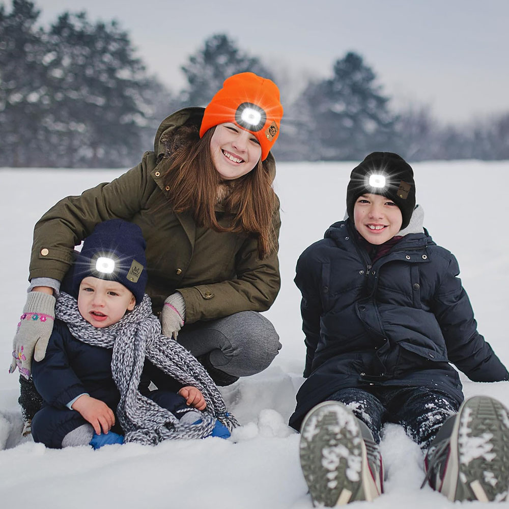Personalized Kids Leather Tag Beanie with Headlamp | HSKid32