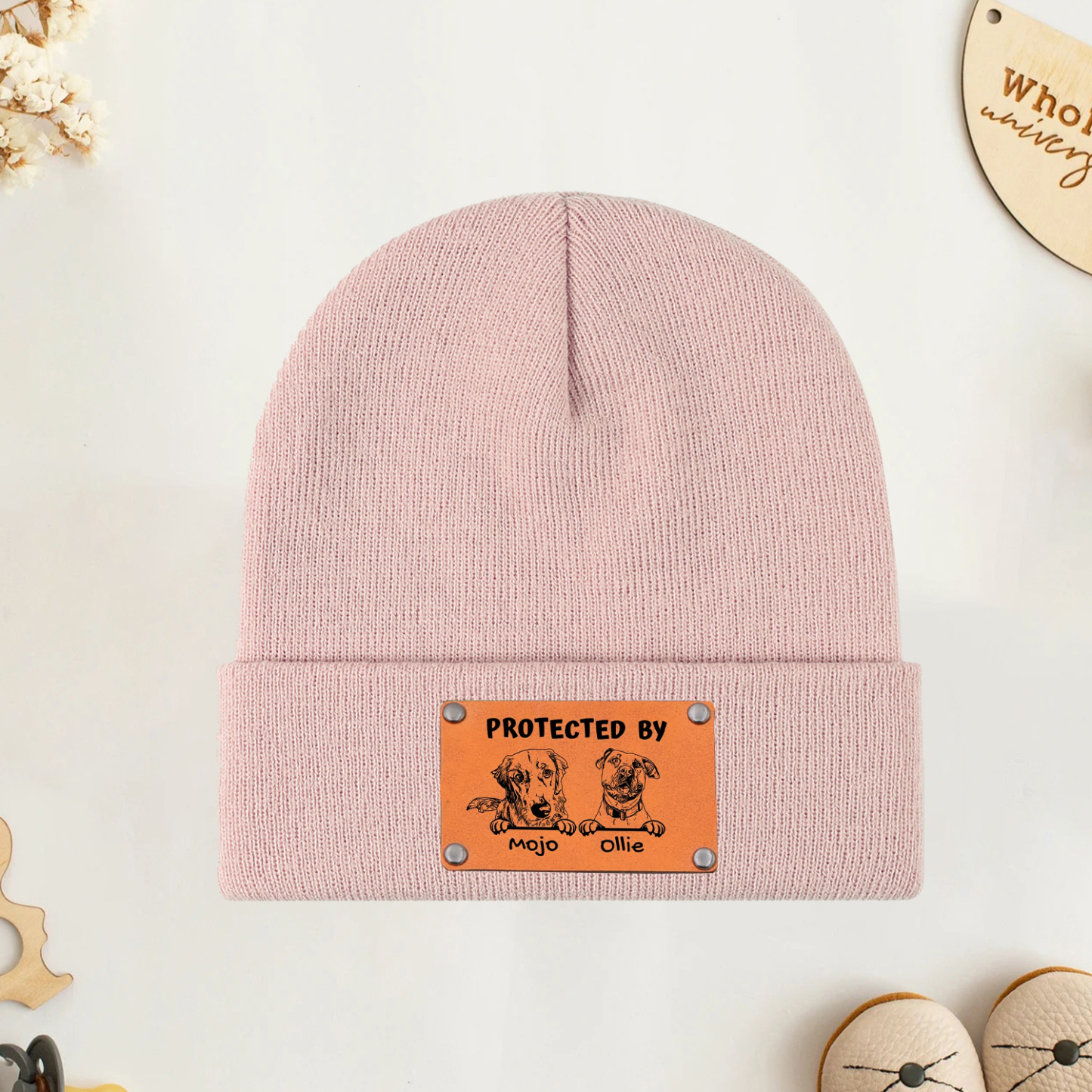 Personalized Vegan Leather Patch Baby Puppy Beanie | HSKid39