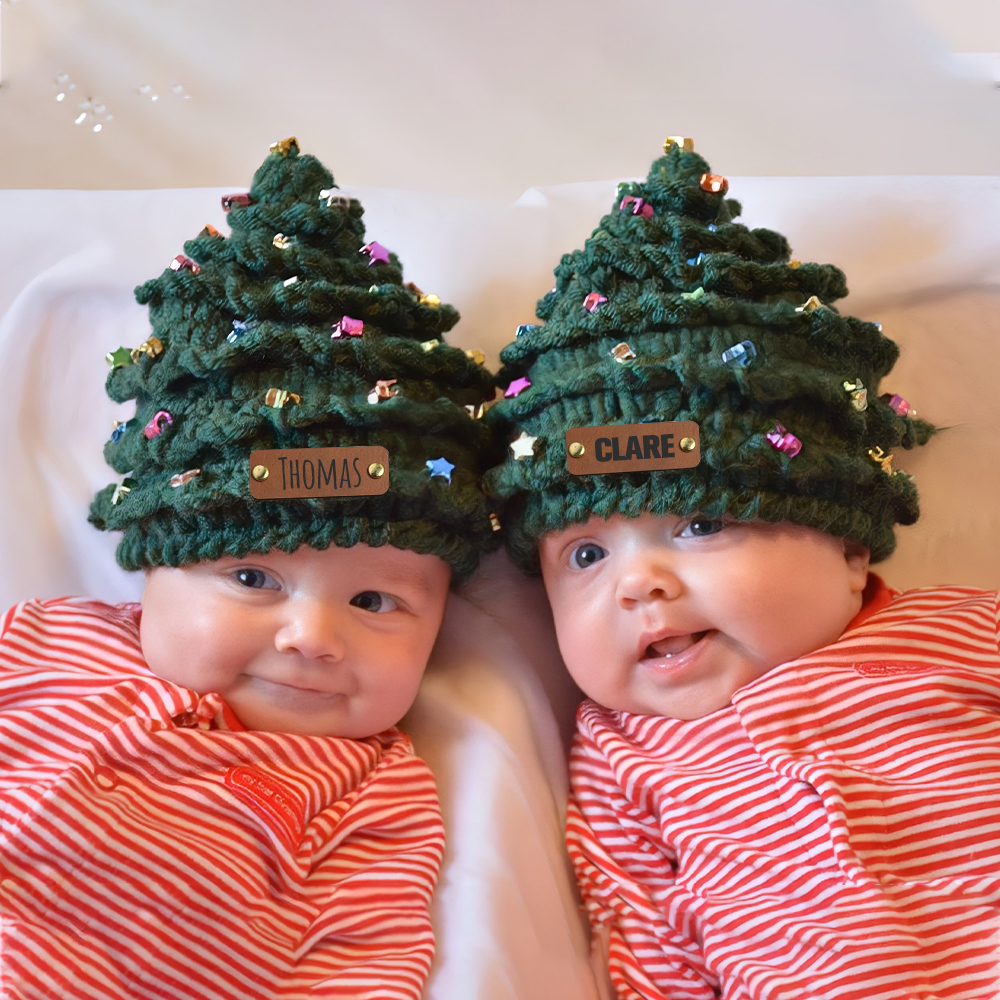 Personalized Leather Patch Christmas Tree Crochet Hat | MCGift51