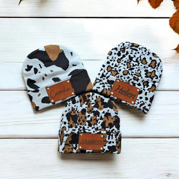 Personalized Leather Patch Cute Cow Warm Beanie | HSKid42