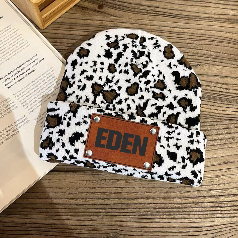 Personalized Leather Patch Cute Cow Warm Beanie | HSKid42
