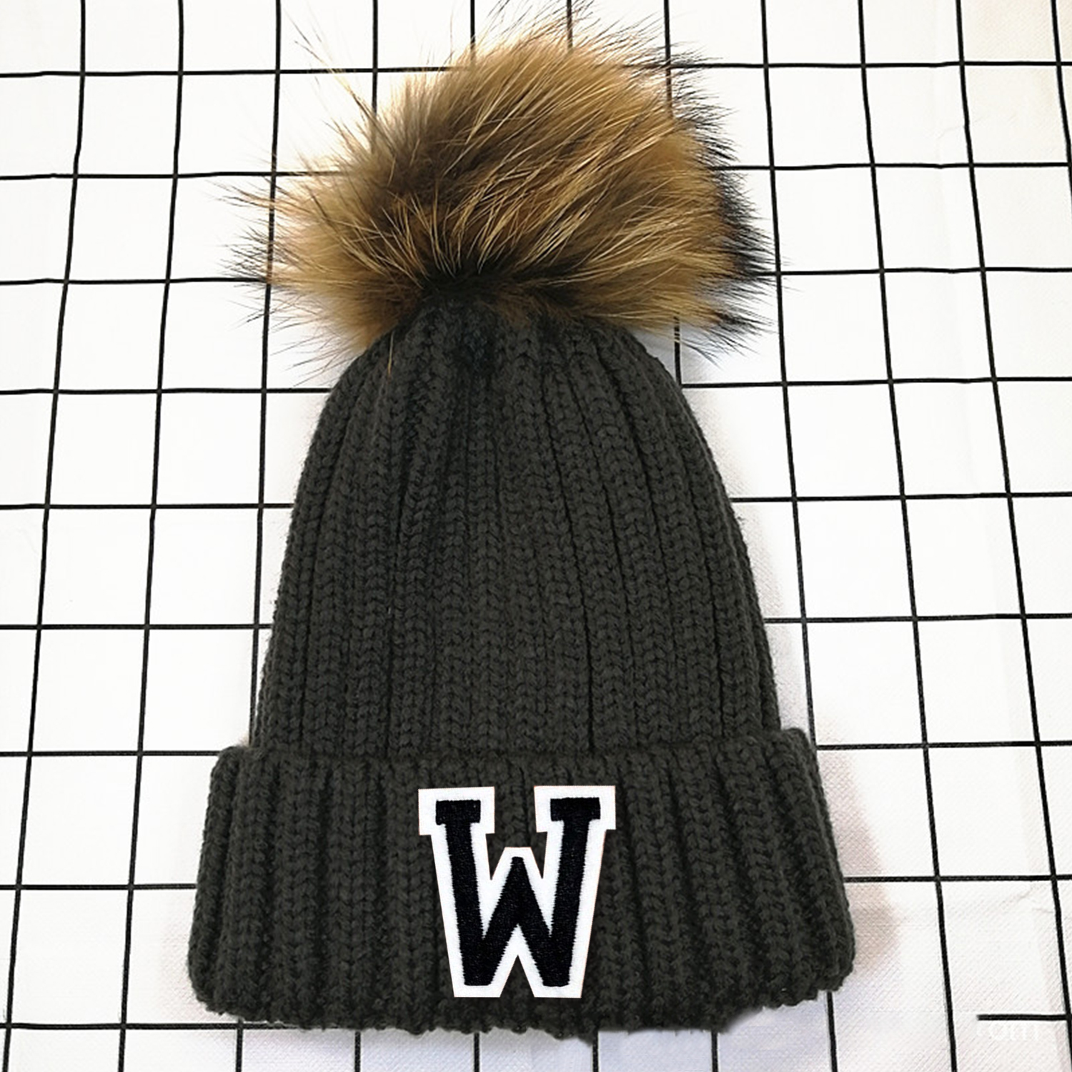 Personalized Initial Patch Pom Pom Beanie Hat | HSKid45