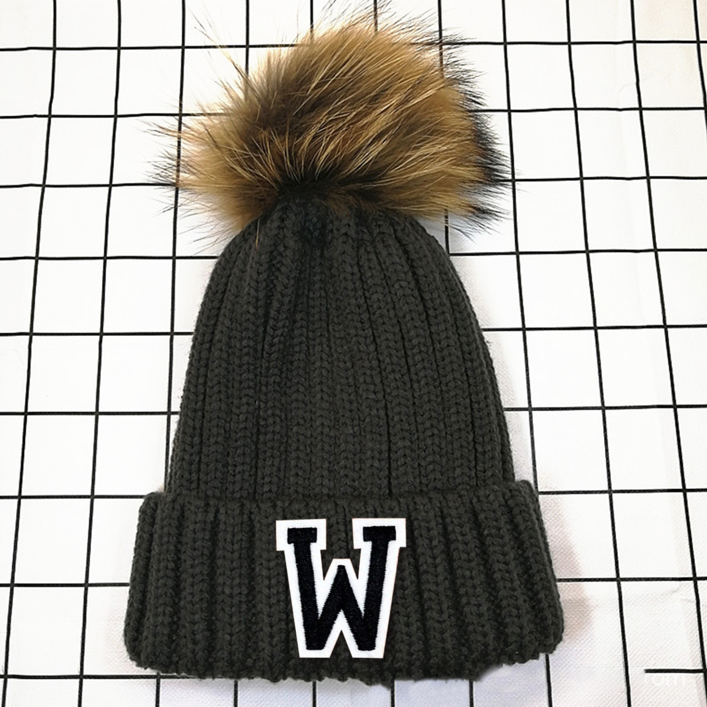 Personalized Initial Patch Pom Pom Beanie Hat | HSKid45