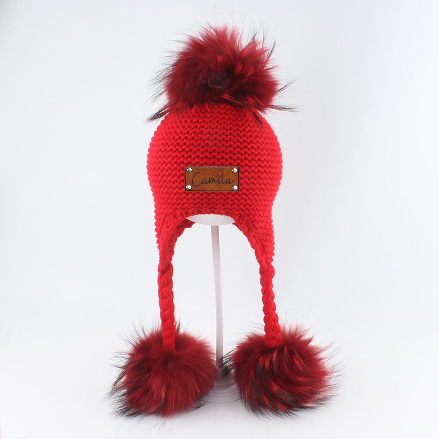 Personalized Leather Patch  Pom Pom Knit Hat With Tassels | HSKid46