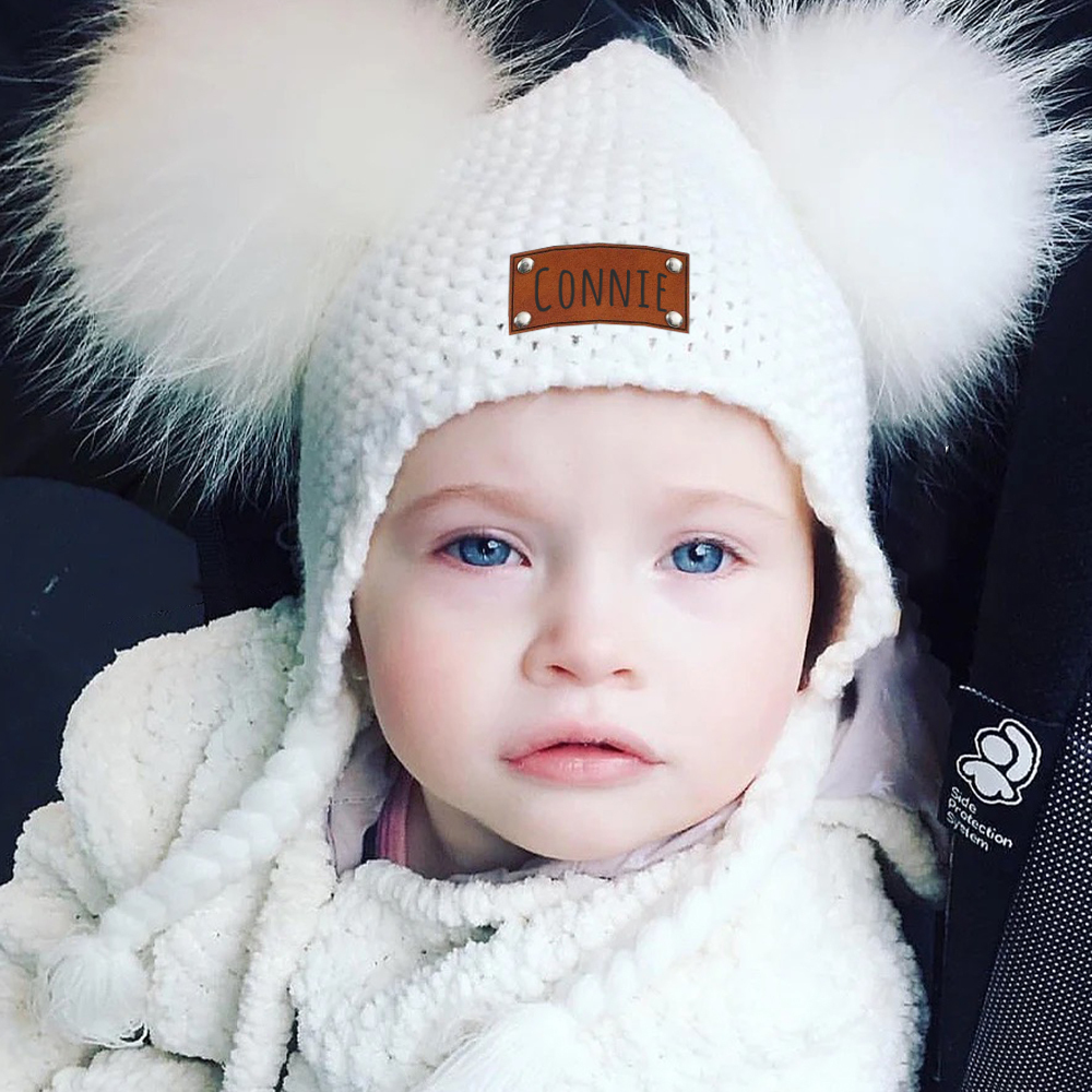 Personalized Leather Patch Pom Pom Knit Hat With Tassels | HSKid47