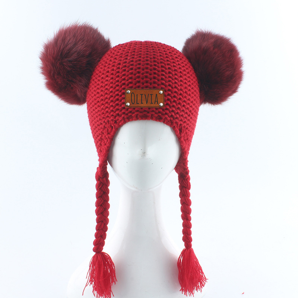 Personalized Leather Patch Pom Pom Knit Hat With Tassels | HSKid47
