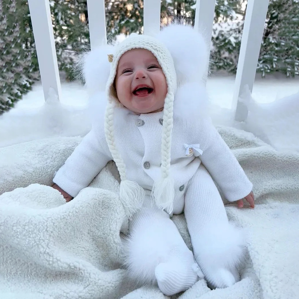 Personalized Leather Patch Pom Pom Knit Hat With Tassels | HSKid47