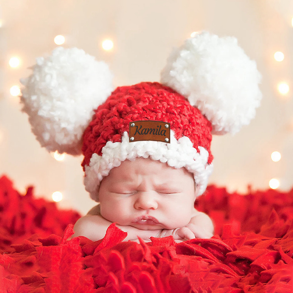 Personalized Leather Patch Christmas Pom Pom Hat | MCGift64
