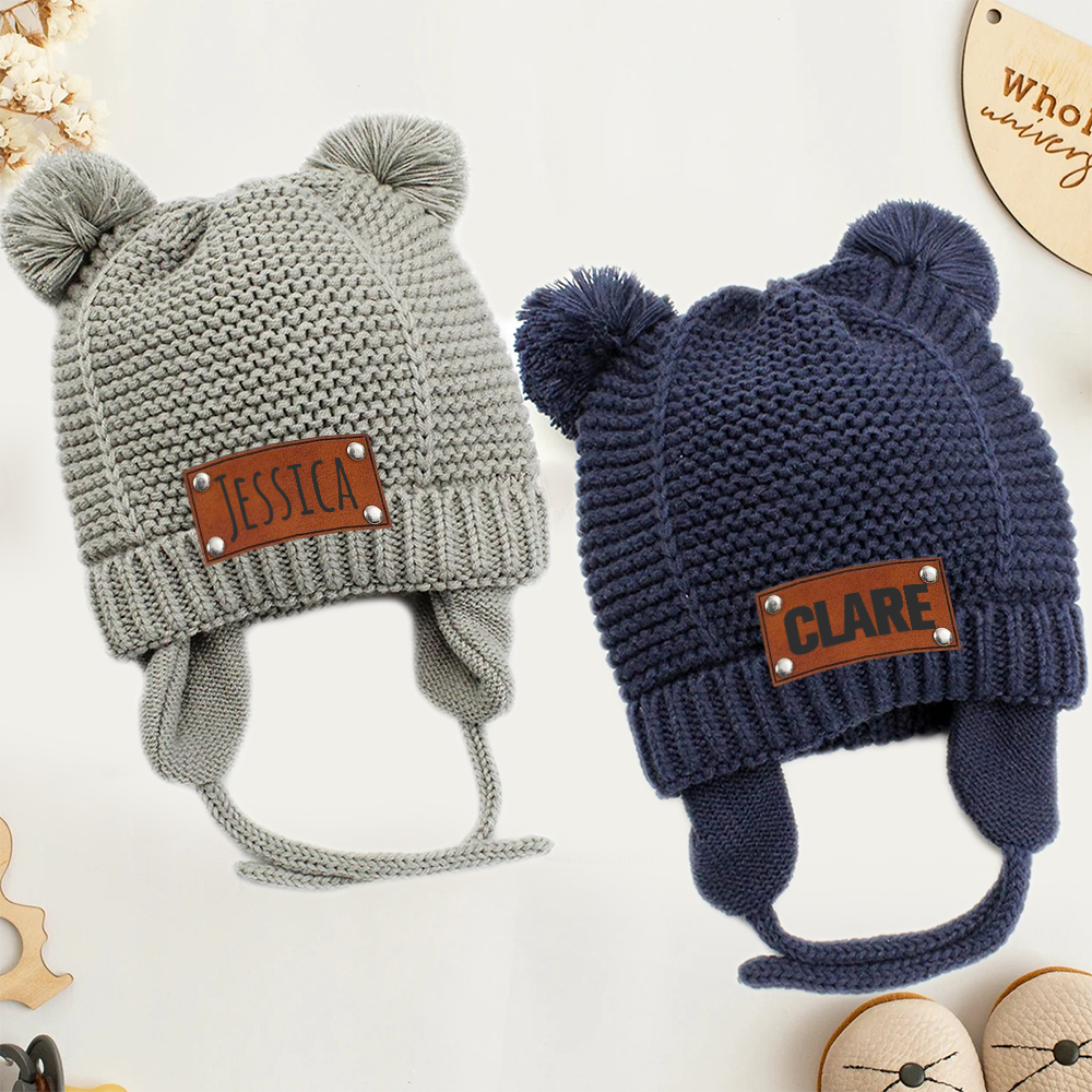 Personalized Leather Patch Pom Pom Knit Hat With Tassels | HSKid50