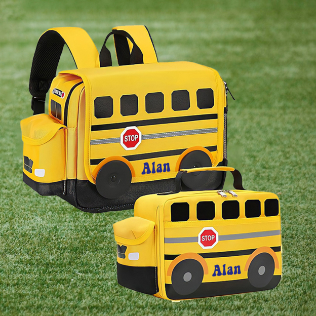 Personalized 3D School Bus Backpack with Insulation Lunch Box