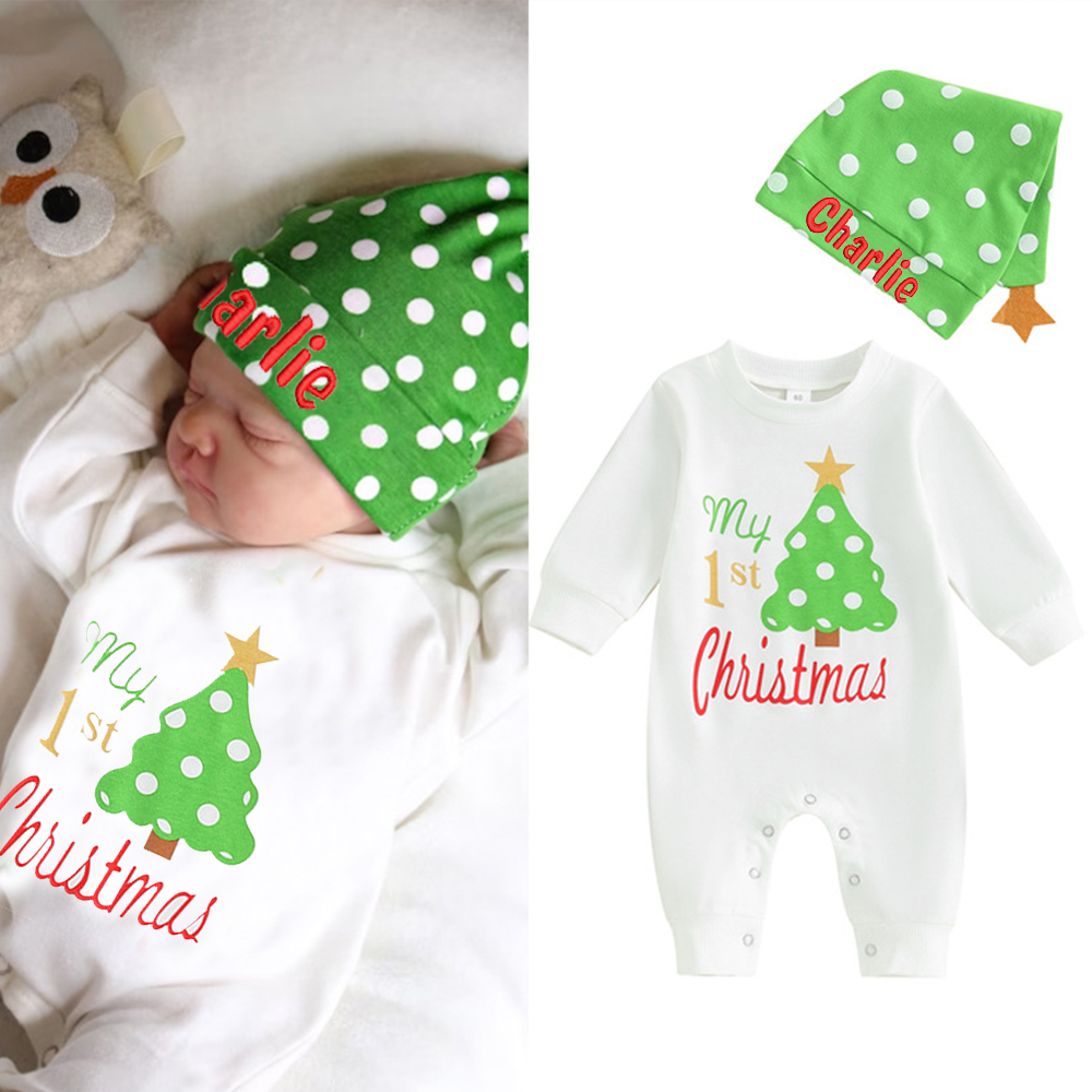 Personalized Baby 1st Christmas Ropmer and Embroidery Hat Set | CWBaby106