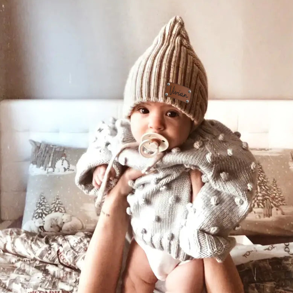 Personalized Leather Patch Knit Pixie Hats | HSKid58
