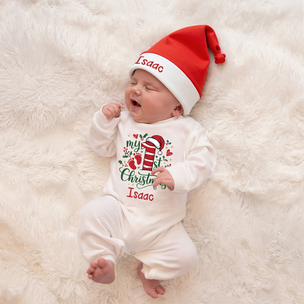 Personalized Baby 1st Christmas Ropmer and Hat Set | MCGift130