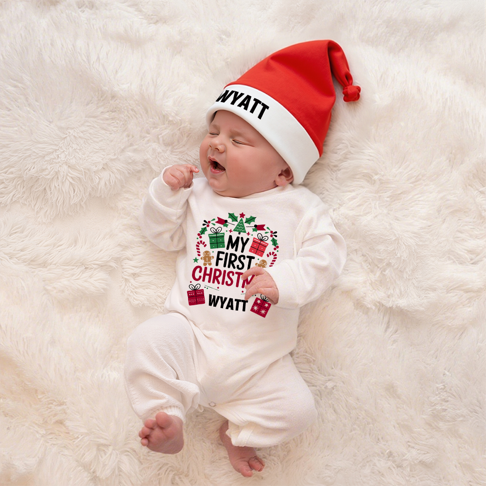 Personalized Baby 1st Christmas Ropmer and Hat Set | MCGift131