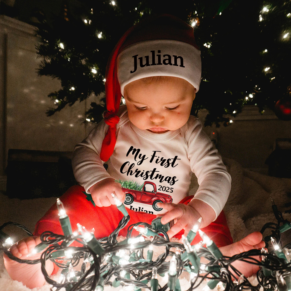Personalized Baby 1st Christmas Ropmer Onesie Set | MCGift121