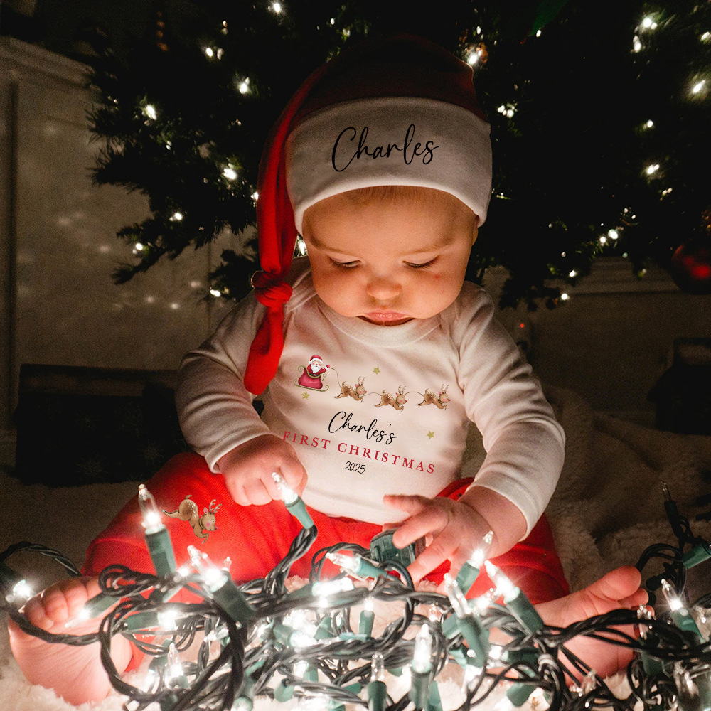Personalized Baby 1st Christmas Ropmer Onesie Set | MCGift127