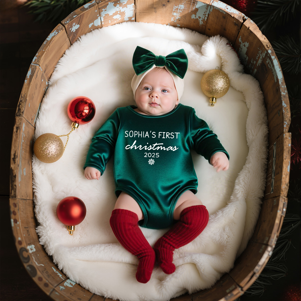 Personalized Newborn Girl Christmas Red Velvet Photo Outfit | MCGift151