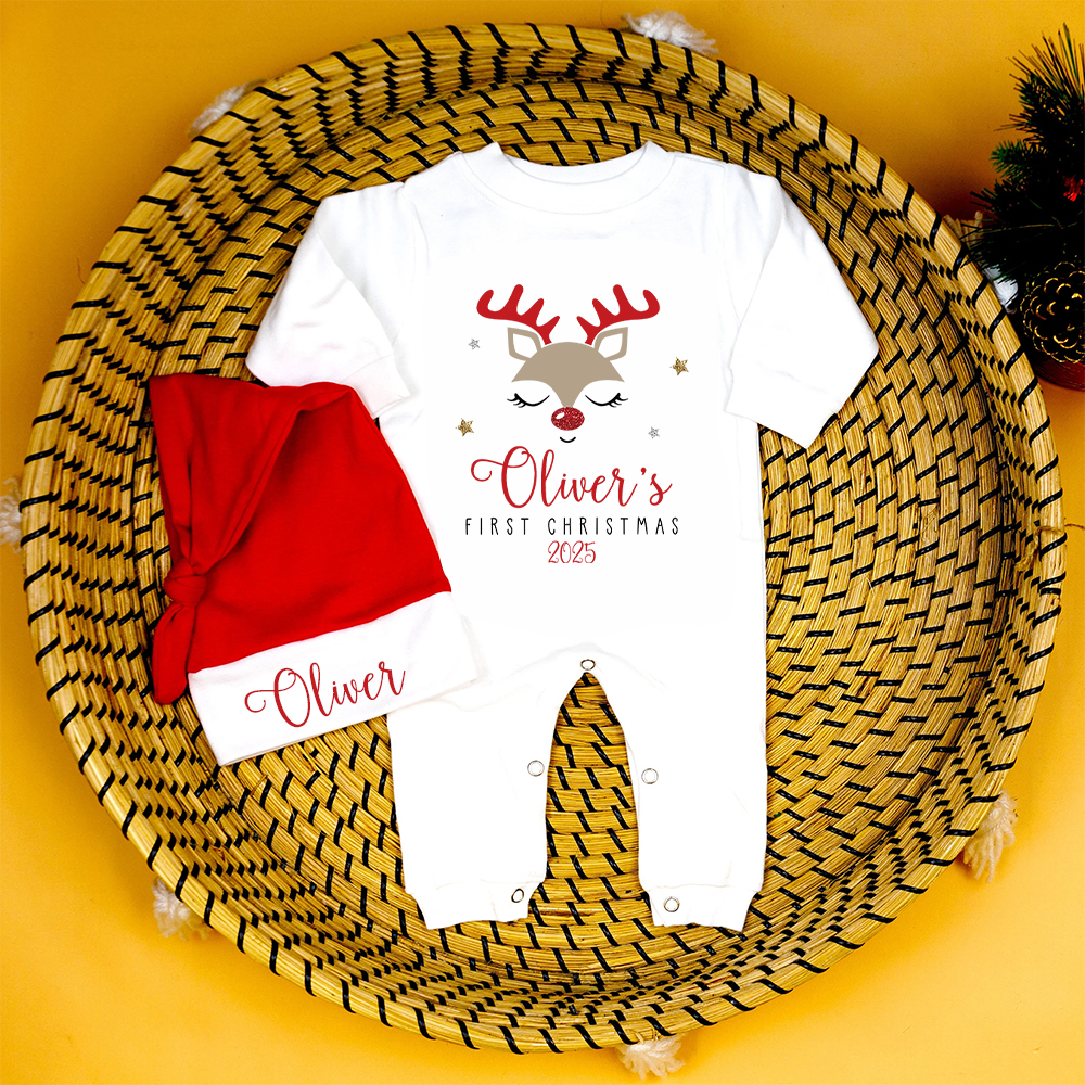 Personalized Baby 1st Christmas Ropmer and Hat Set | MCGift141