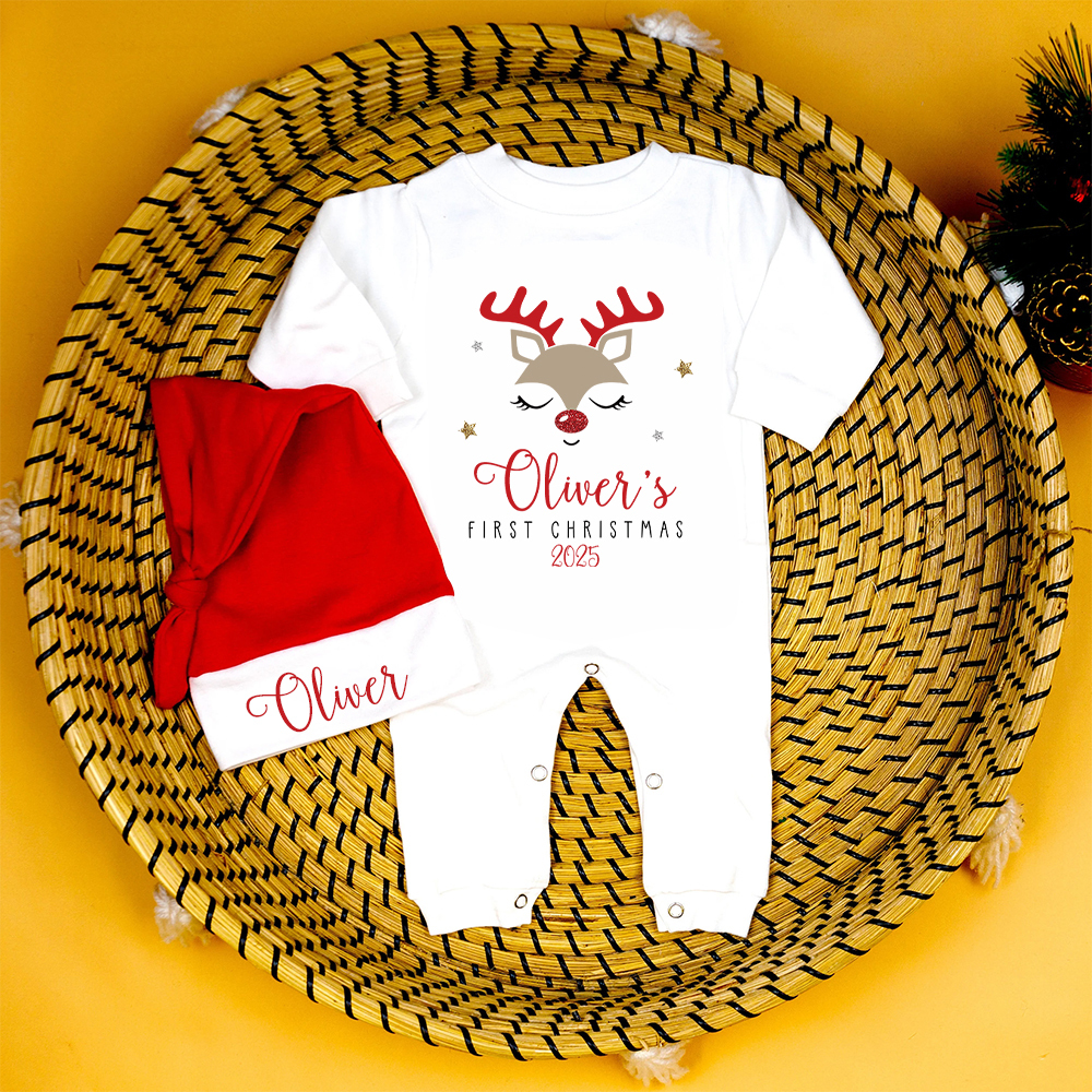 Personalized Baby 1st Christmas Ropmer and Hat Set | MCGift141