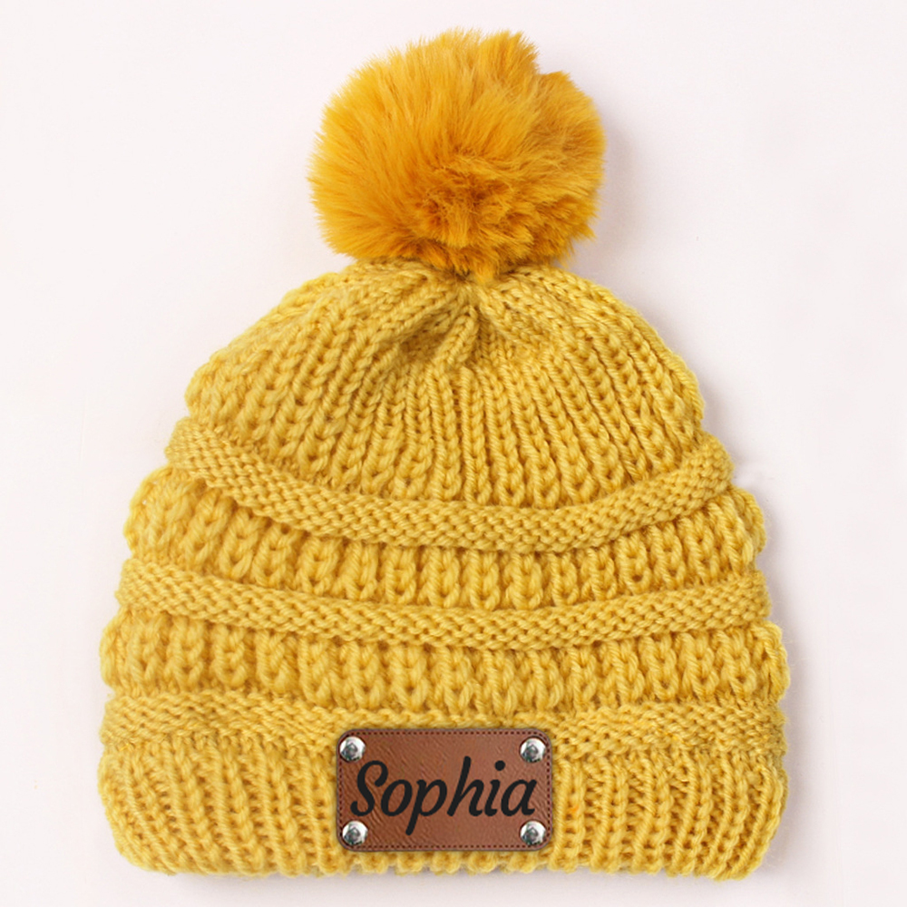 Personalized Leather Patch Kid Colorful Pom Pom Hat | HSKid63