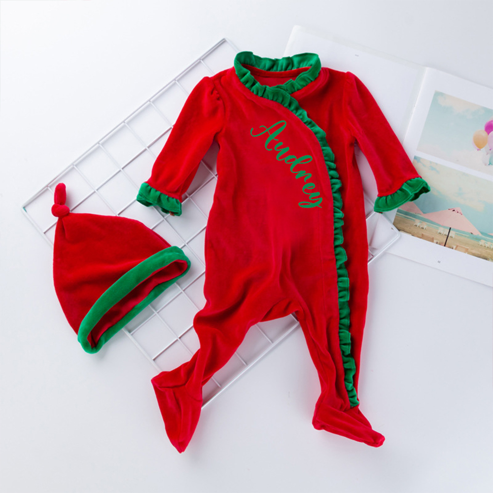 Personalized Newborn Christmas Velvet Ruffle Romper | MCGift176