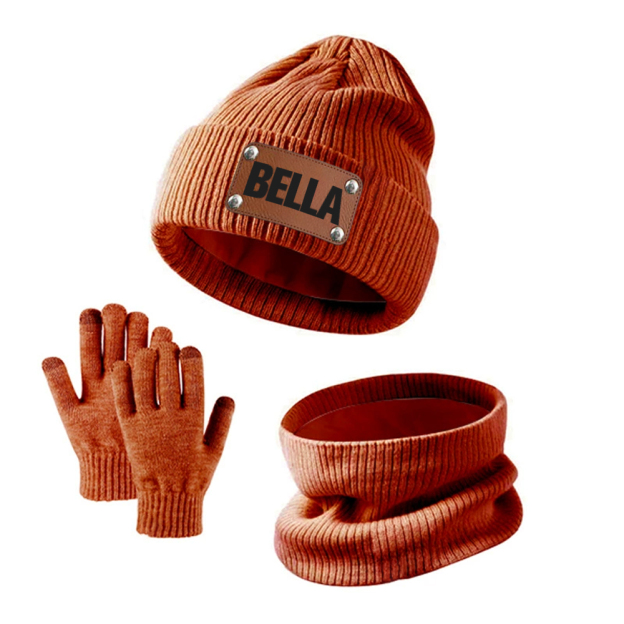 Personalized Leather Patch Kid Winter Hat Glove Scarf Set | HSKid69