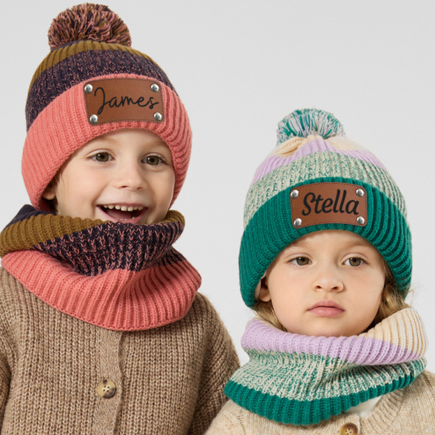 Personalized Leather Patch Kid Winter Hat Glove Scarf Set | HSKid70