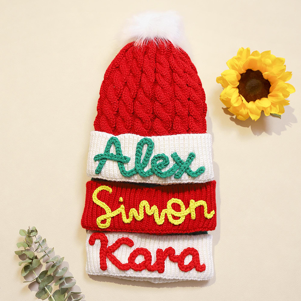 Personalized Hand Embroidery Christmas Pom Pom Hat | HSKid71