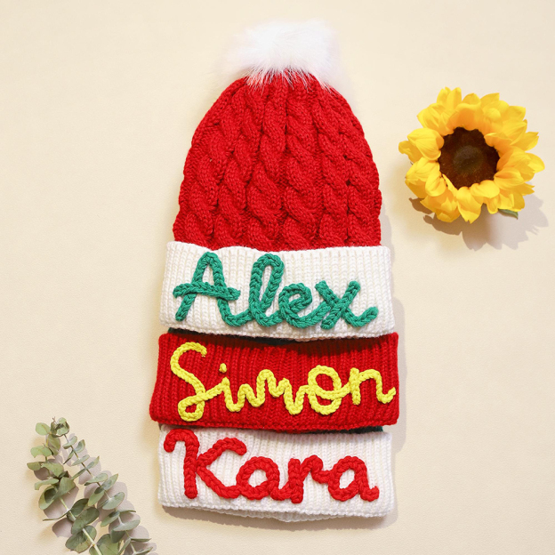 Personalized Hand Embroidery Christmas Pom Pom Hat | HSKid71