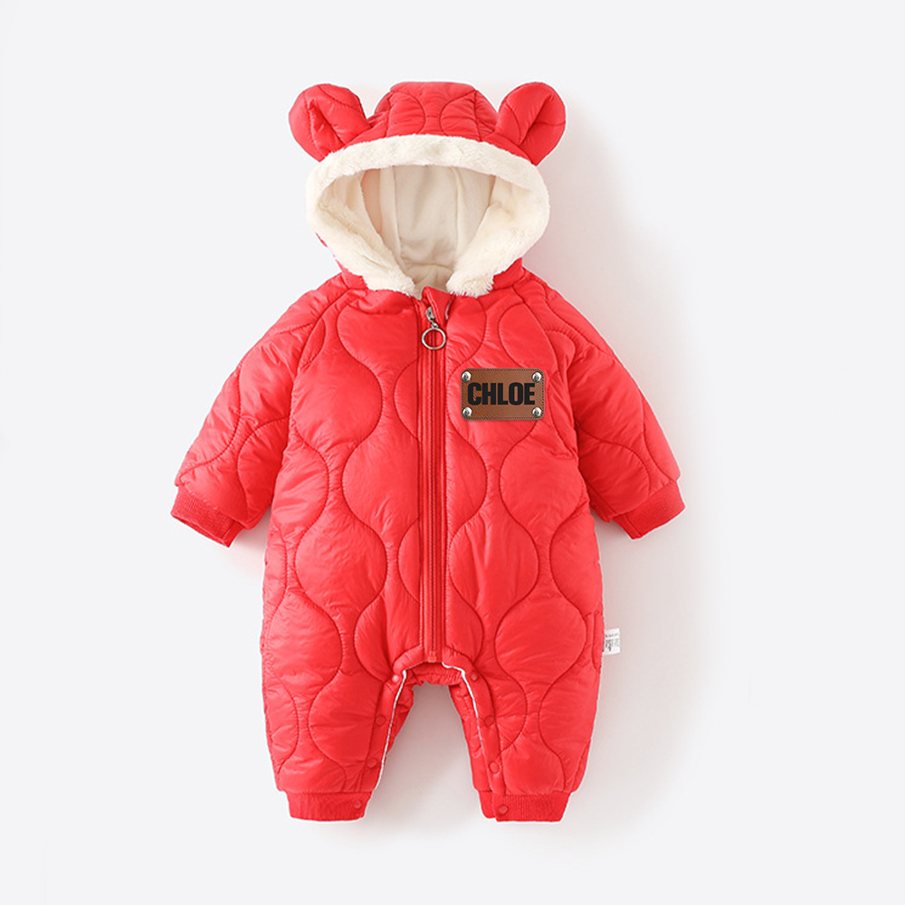 Personalized Leather Patch Kids Thickened Puffer Romper | CWBaby334