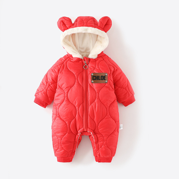 Personalized Leather Patch Kids Thickened Puffer Romper | CWBaby334