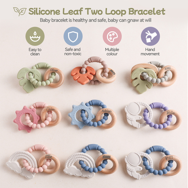 Personalised Baby Food Silicone & Wooden Sensory Teething Ring | CWToy162