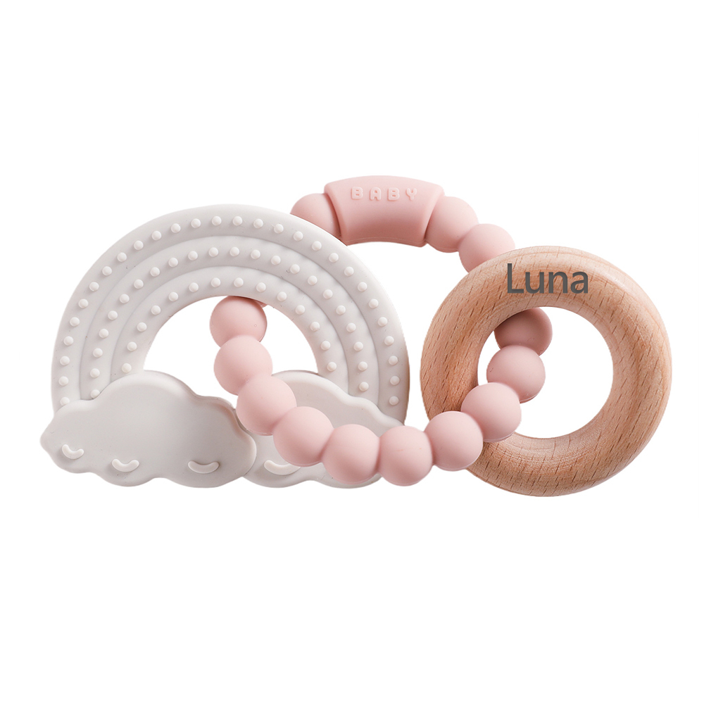 Personalised Baby Food Silicone & Wooden Sensory Teething Ring | CWToy162