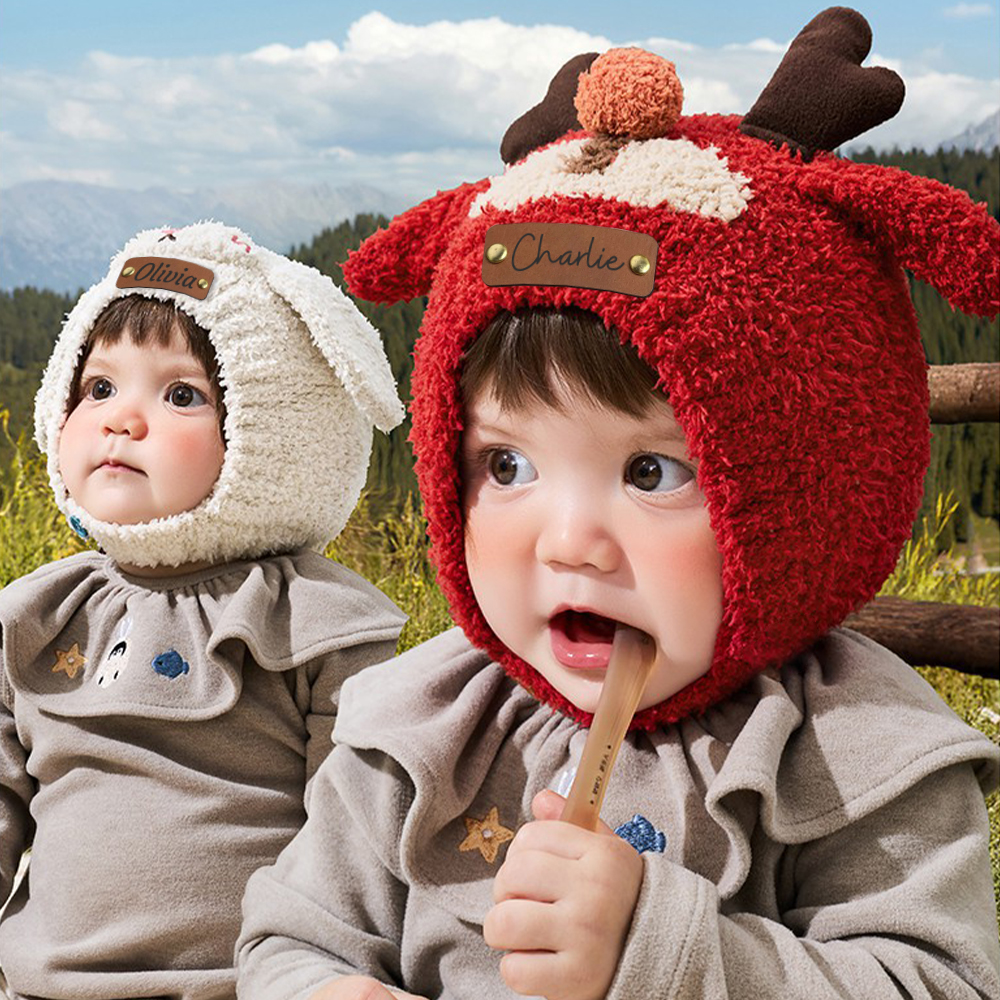 Personalized Leather Patch Adorable Animals Warm Winter Hat | HSKid73