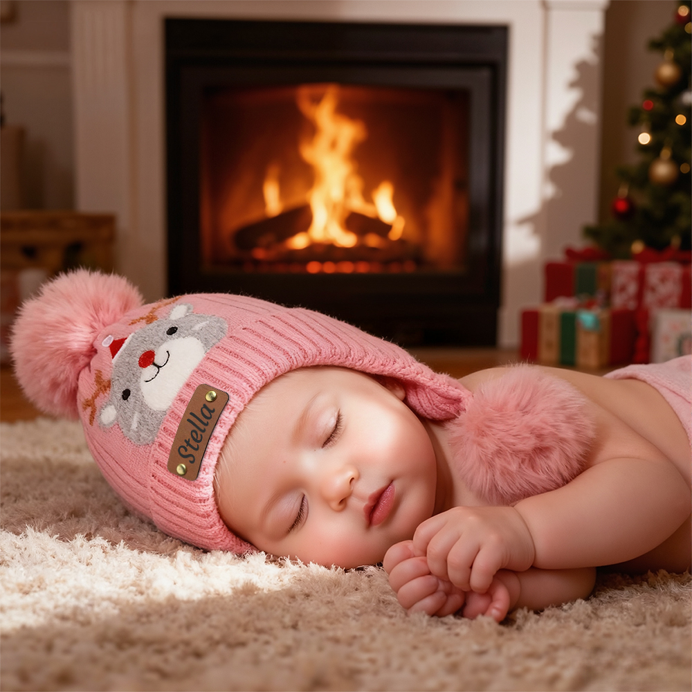 Personalized Leather Patch Adorable Elk Warm Winter Pom Pom Hat | HSKid77