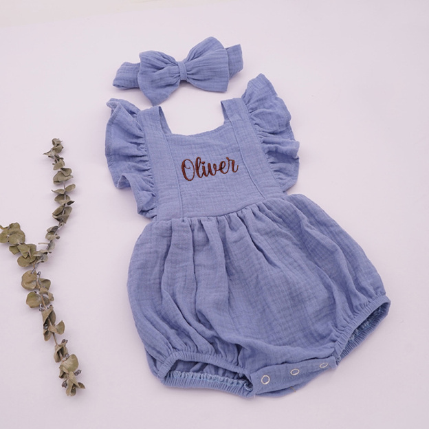 Personalized Embroidery Baby Organic Cotton Muslin Romper with Bow | inRomper35
