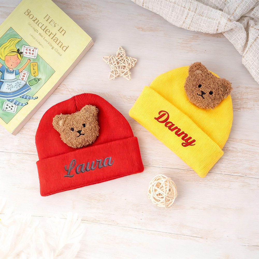 Personalized Embroidery Organic Cotton Baby Beanie with Teddy Bear | HSKid78