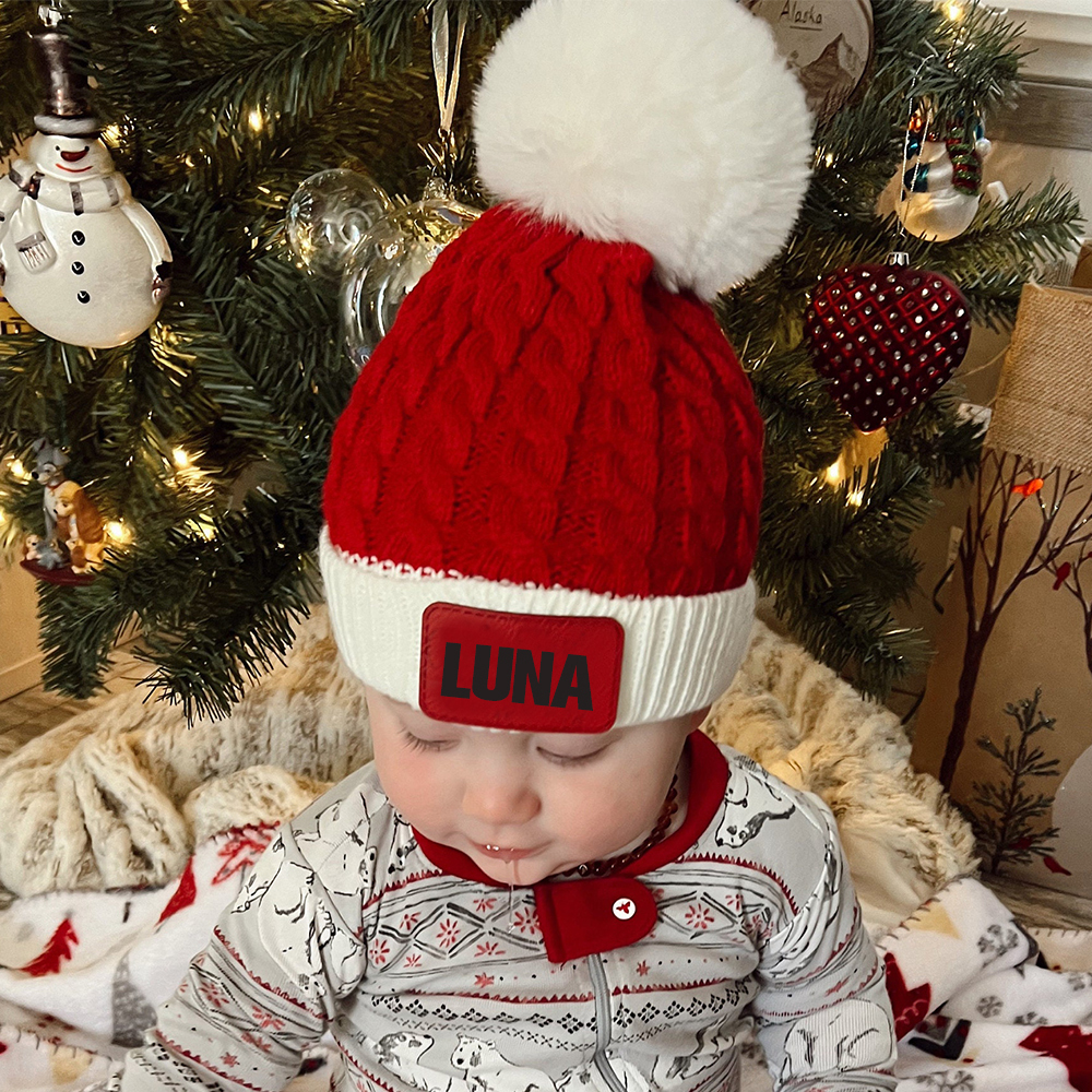 Personalized Leather Patch Christmas Pom Pom Hat | HSKid80