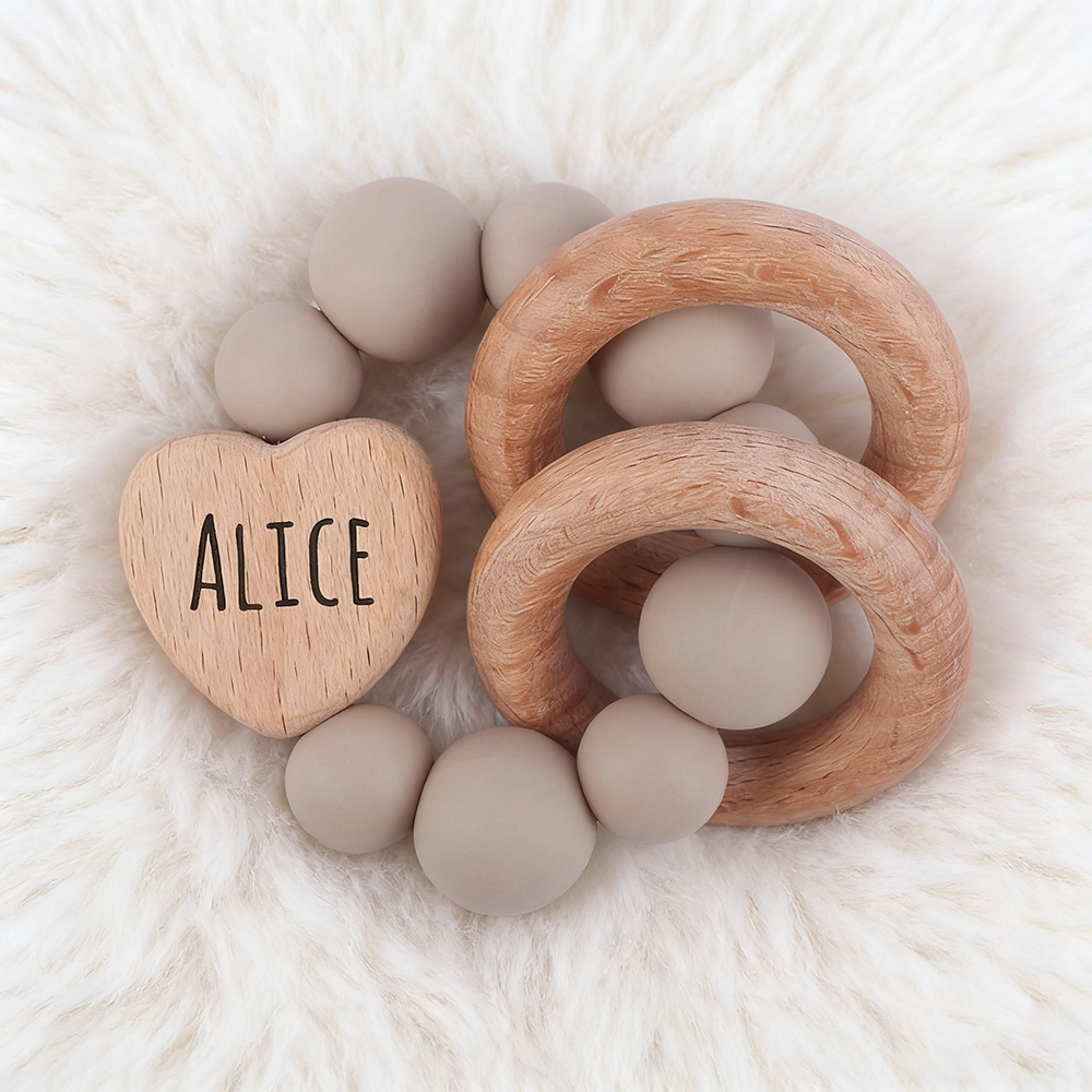Personalized Baby Sensory Silicone Wooden Toy Ring | CWToy169