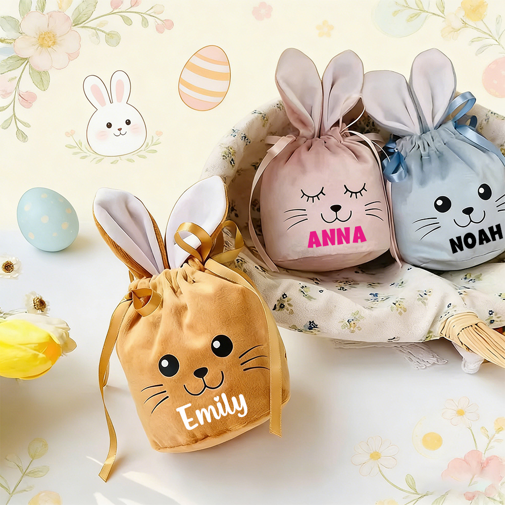 Personalized Easter Smiley Bunny Velvet Basket | CWEaster92